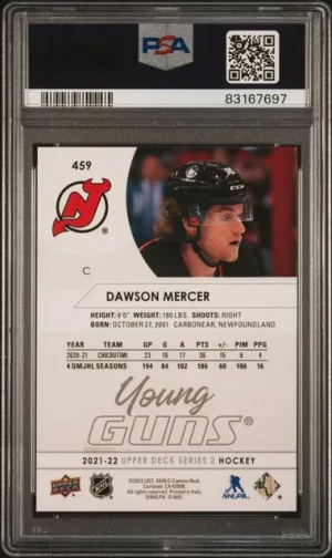 2021-22 Upper Deck Dawson Mercer Young Guns YG #459 Rookie RC PSA 10 Gem Mint back